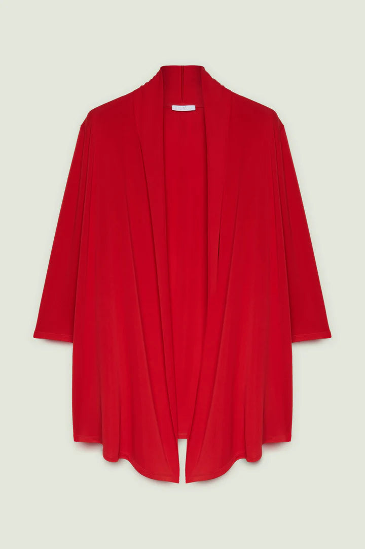 Luisa Viola - Cardigan rosso jersey fluido, linea svasata, scollo sciallato, manica tre quarti. Luisa Viola - Cardigan rosso jersey fluido, linea svasata, scollo sciallato, manica tre quarti.