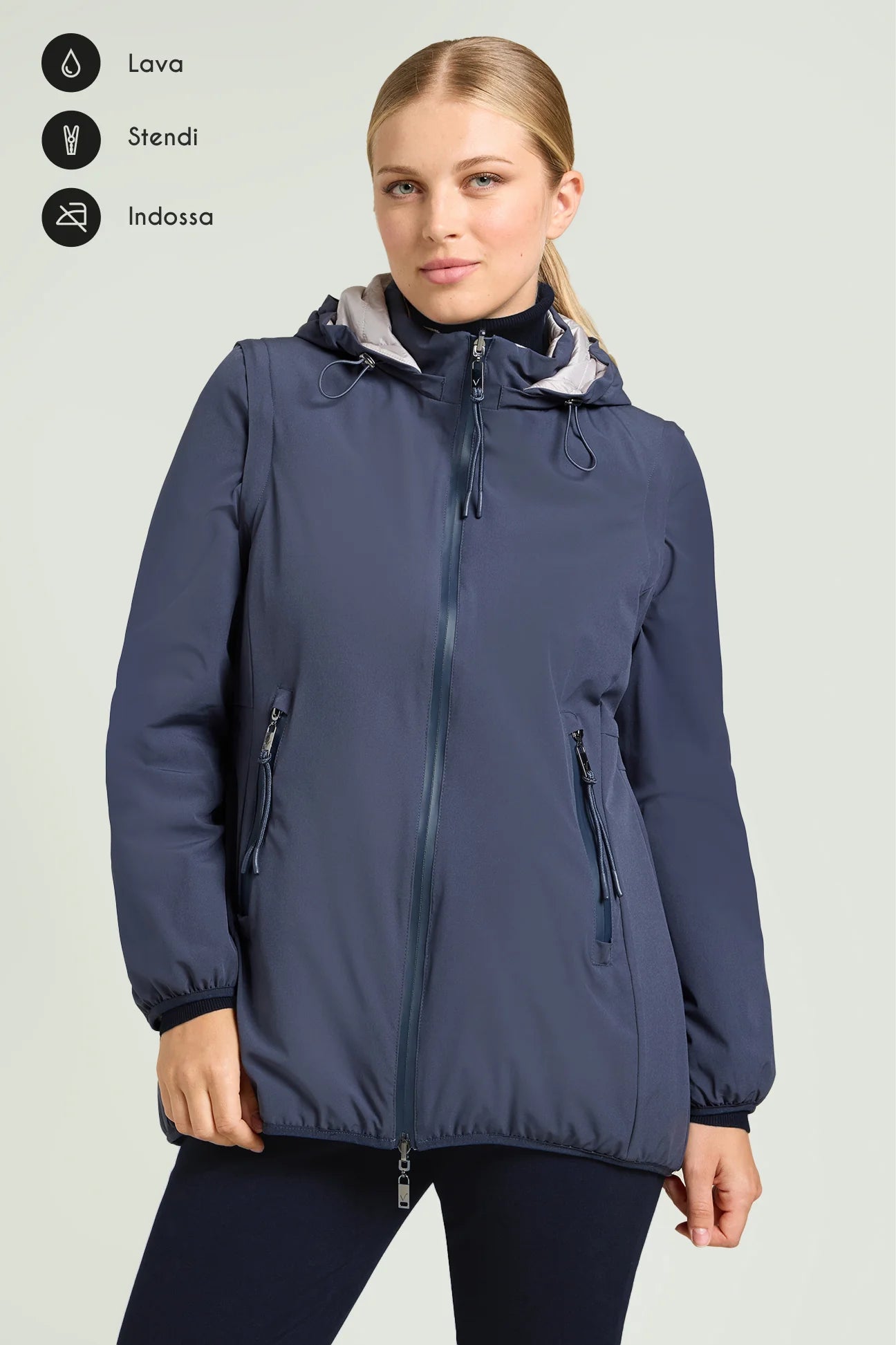 Luisa Viola - Piumino 4 in 1, double face, con cappuccio e maniche staccabili, tessuto tecnico.