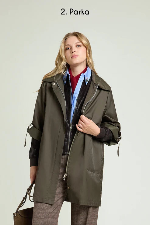 Luisa Viola - Parka 4 in 1 verde; parka +light weight, solo parka, solo light weight con maniche in maglia, gilet staccando le maniche.
