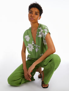 Pennyblack - Blusa in twill fluido in fantasia, verde, scollo a V, maniche corte a kimono, taglio diritto e morbido