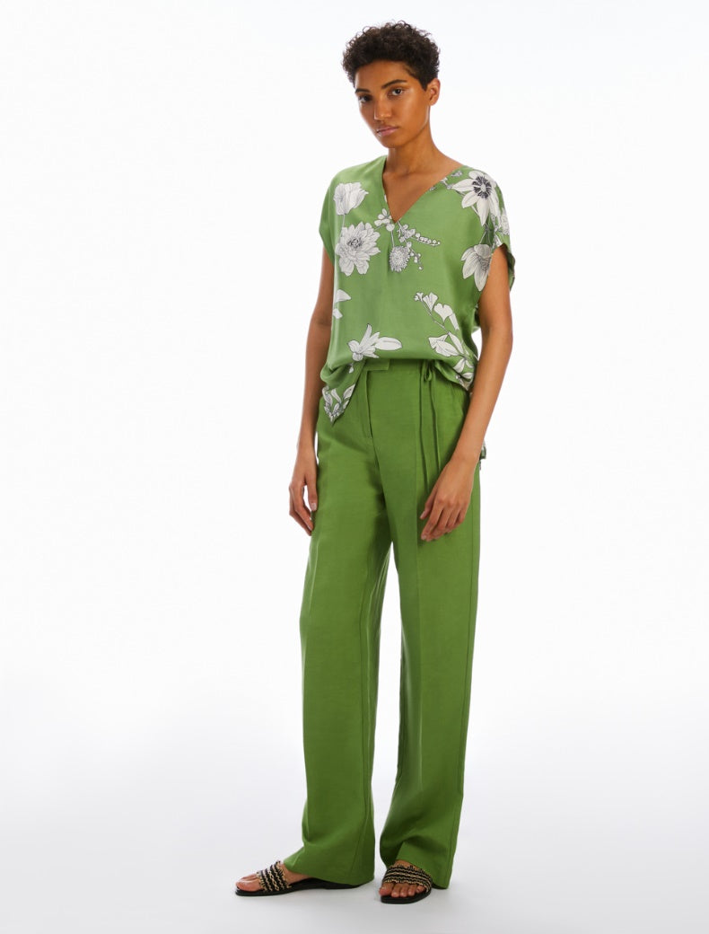 Pennyblack - Blusa in twill fluido in fantasia, verde, scollo a V, maniche corte a kimono, taglio diritto e morbido