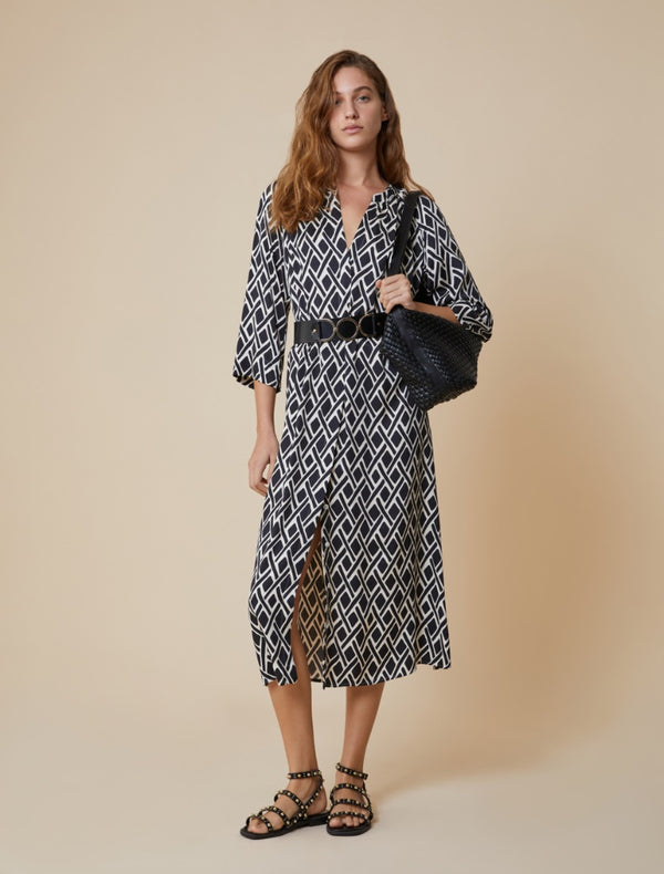 Pennyblack - Abito chemisier in twill a fantasia, nero e bianco.