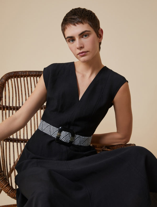 Pennyblack - Abito midi in blend di lino, nero, linea slim, svasato sul fondo, sfoderato - shopmonicamoda