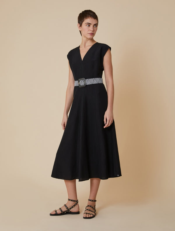 Pennyblack - Abito midi in blend di lino, nero, linea slim, svasato sul fondo, sfoderato - shopmonicamoda