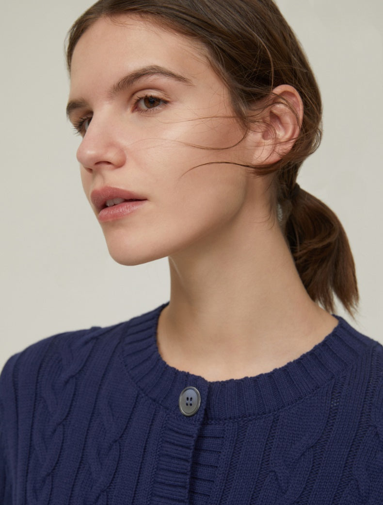 Pennyblack - Cardigan di cotone e nylon, lavorazione a trecce, bordi a coste, girocollo, maniche lunghe.