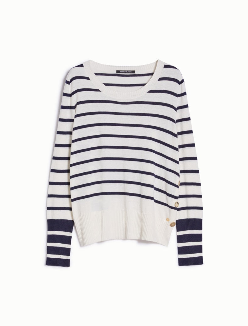 Pennyblack - Maglia in cotone e cashmere, rigata bianca e blu, scollo arrotondato
