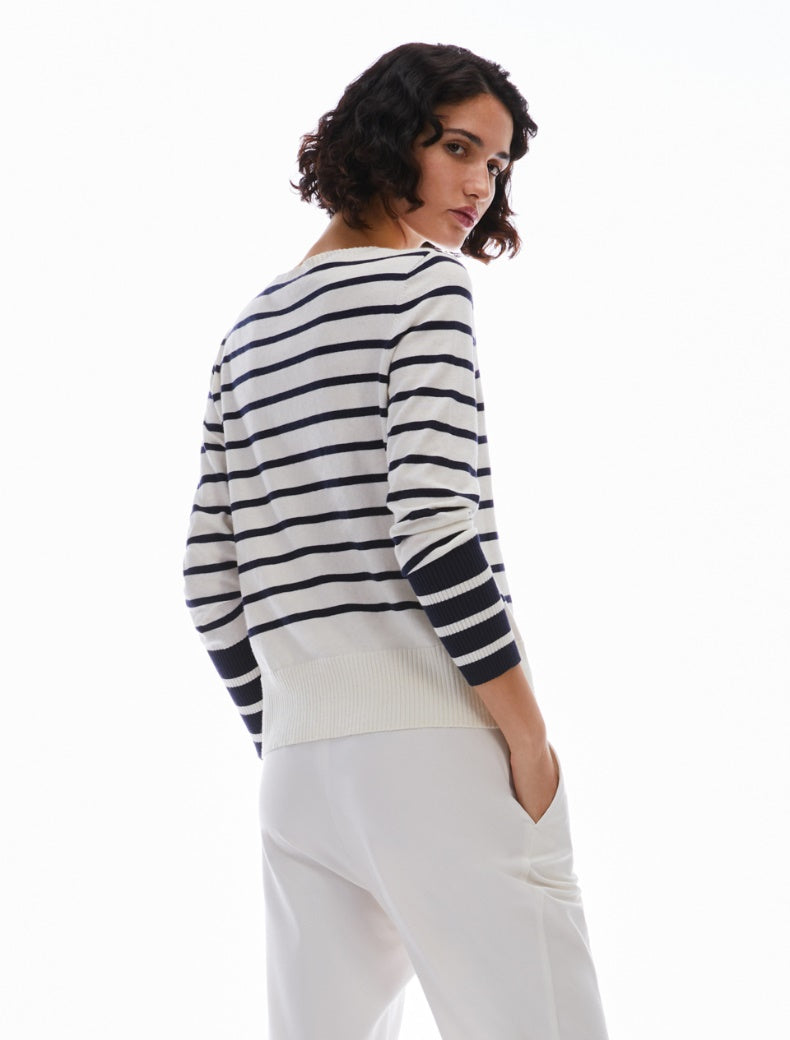 Pennyblack - Maglia in cotone e cashmere, rigata bianca e blu, scollo arrotondato