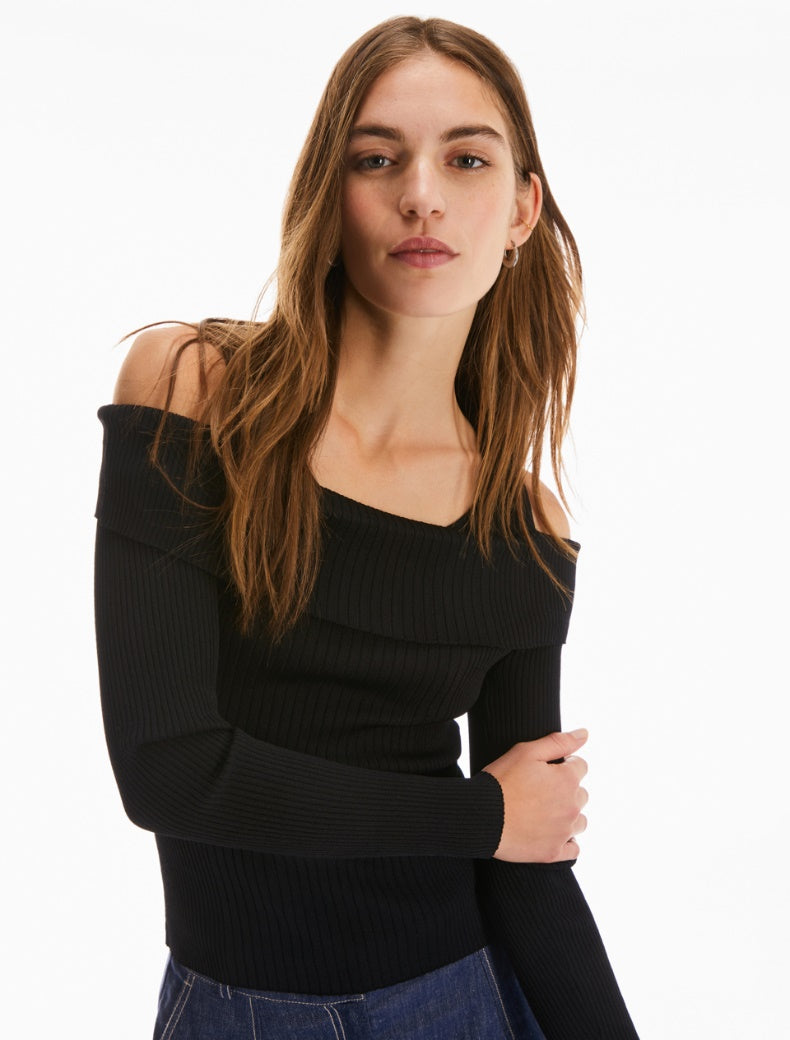 Pennyblack - Maglia a costine nera, taglio slim, spalle a canotta
