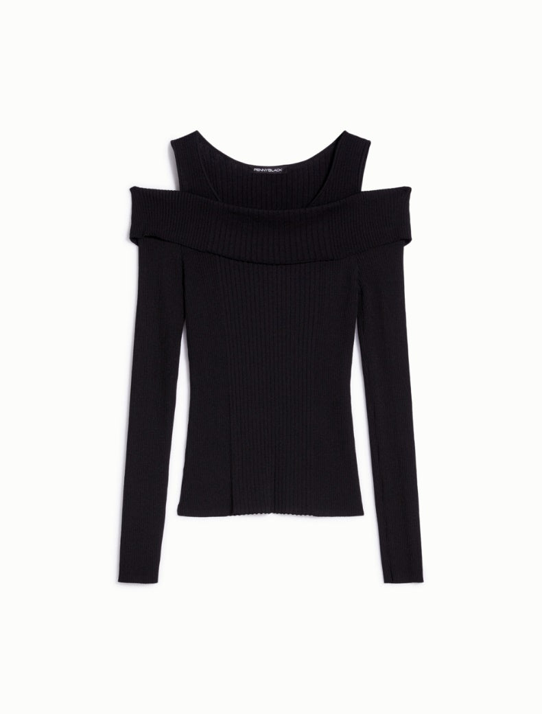 Pennyblack - Maglia a costine nera, taglio slim, spalle a canotta