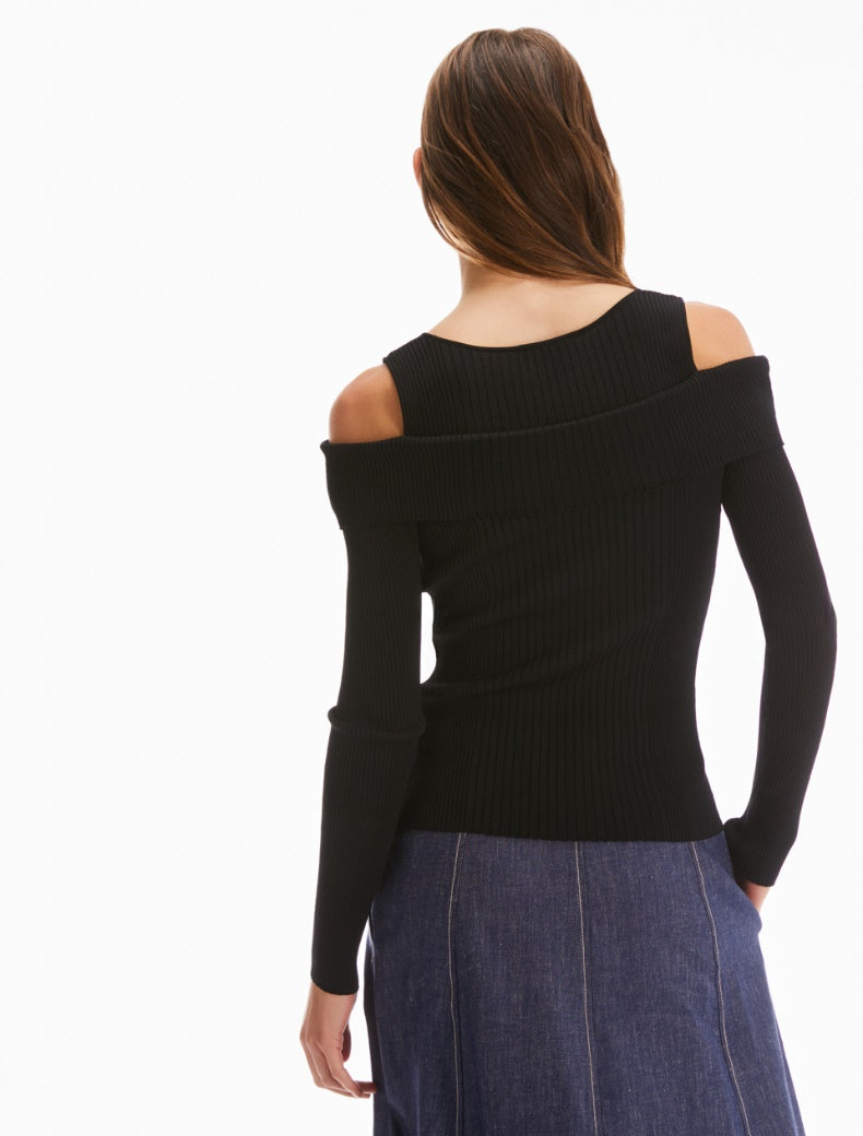 Pennyblack - Maglia a costine nera, taglio slim, spalle a canotta