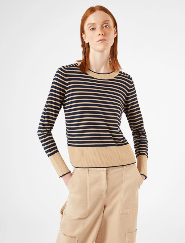 Pennyblack - Maglia girocollo in lana sottile a righe cammello e blu, girocollo e maniche reglan.