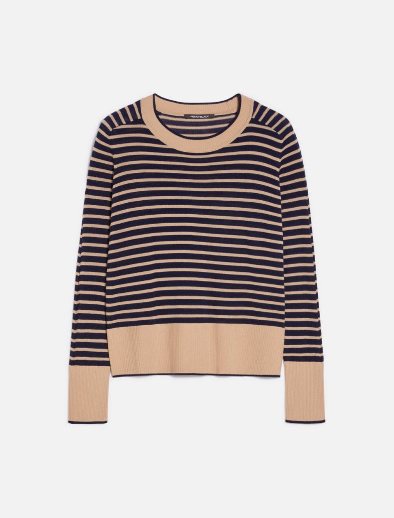 Pennyblack - Maglia girocollo in lana sottile a righe cammello e blu, girocollo e maniche reglan.