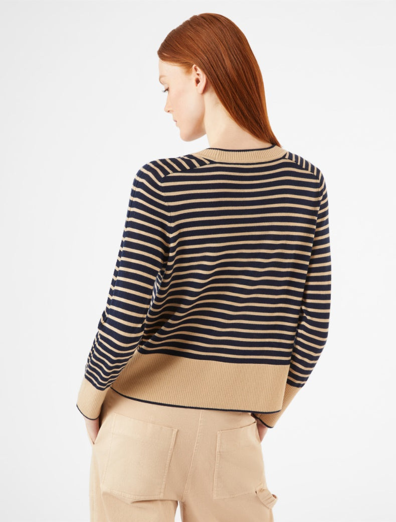 Pennyblack - Maglia girocollo in lana sottile a righe cammello e blu, girocollo e maniche reglan.