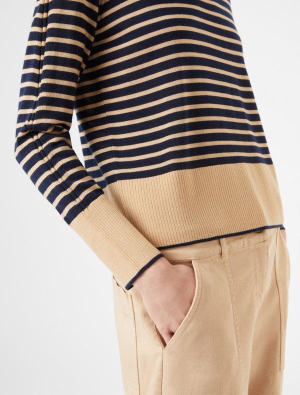 Pennyblack - Maglia girocollo in lana sottile a righe cammello e blu, girocollo e maniche reglan.