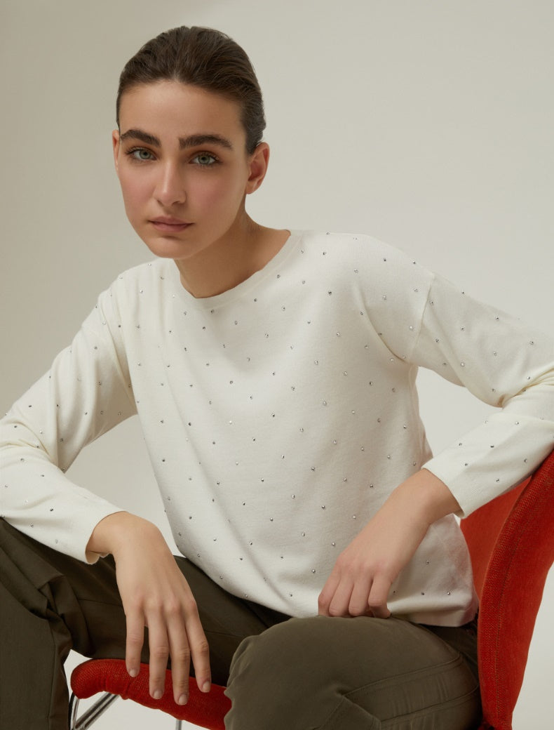 Pennyblack - Maglia con micro borchie, avorio, filato sottile, linea diritta, scollo a barchetta, collo e polsi a costine.