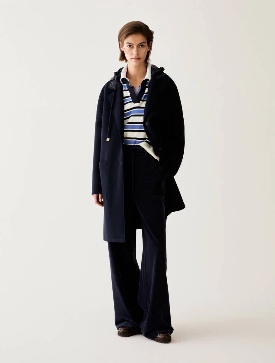 Pennyblack - Cappotto navy in jersey doppio, con cappuccio staccabile, monopetto,spalle scese, tasche applicate, sfoderato