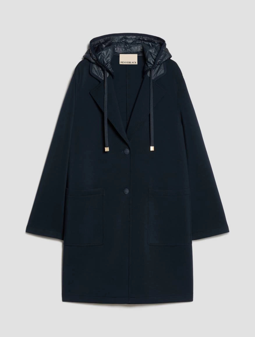 Pennyblack - Cappotto navy in jersey doppio, con cappuccio staccabile, monopetto,spalle scese, tasche applicate, sfoderato