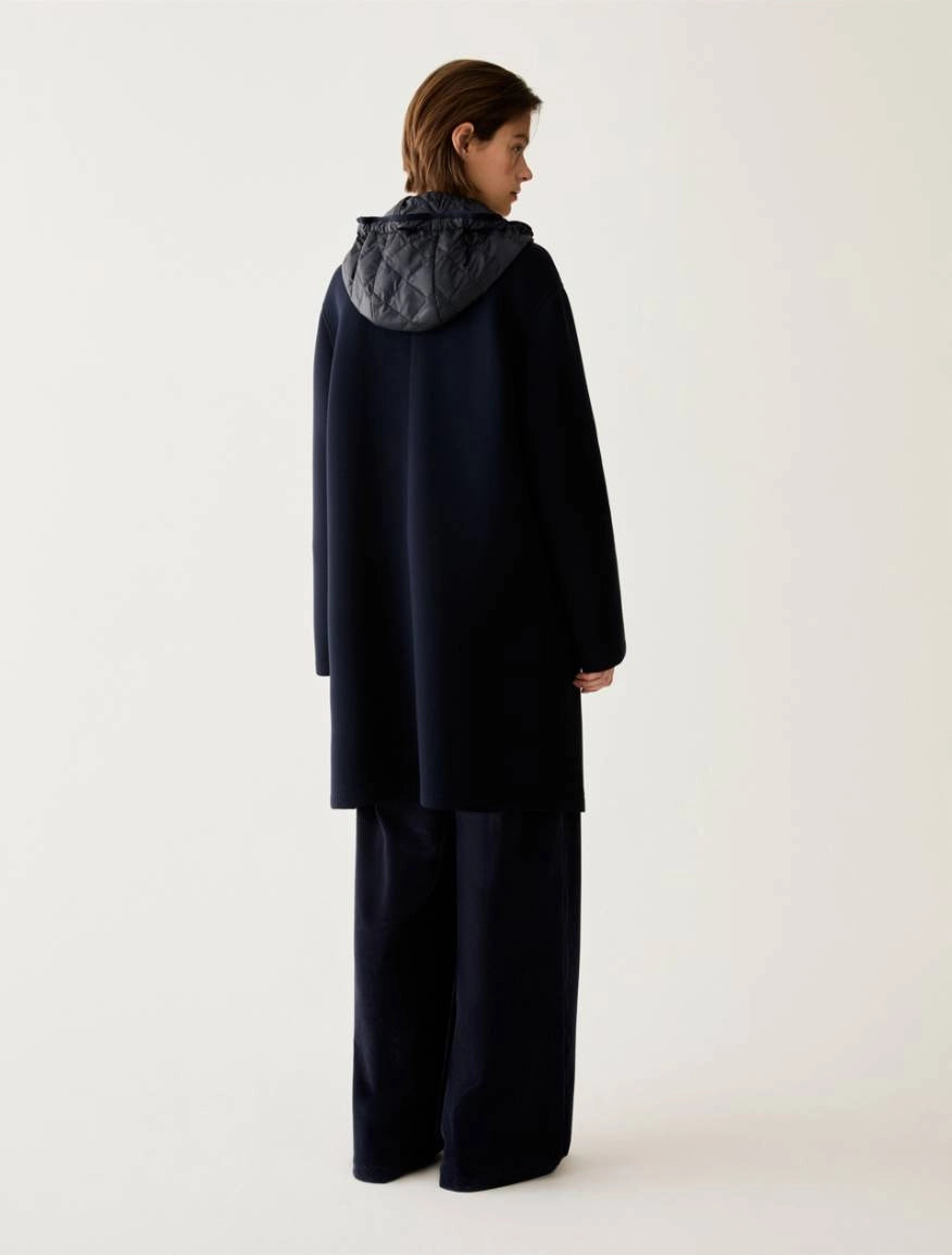 Pennyblack - Cappotto navy in jersey doppio, con cappuccio staccabile, monopetto,spalle scese, tasche applicate, sfoderato
