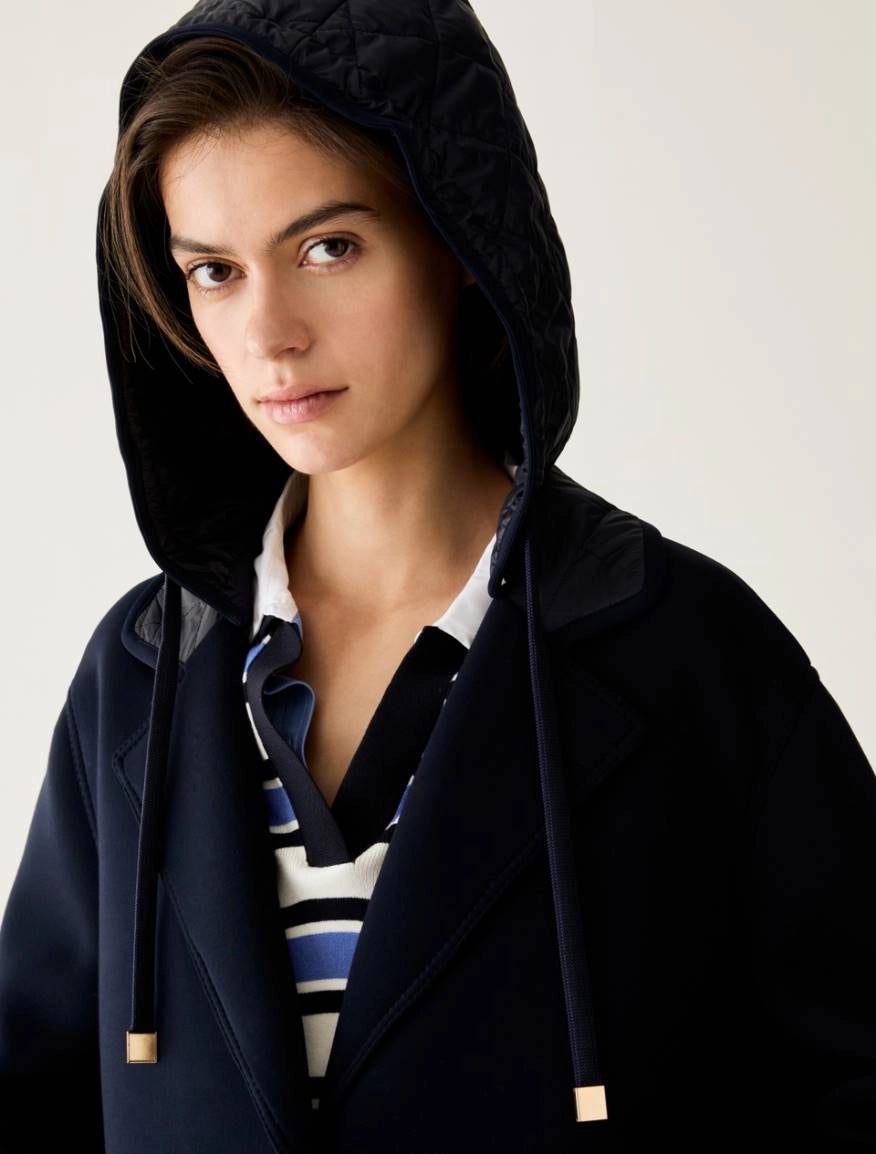 Pennyblack - Cappotto navy in jersey doppio, con cappuccio staccabile, monopetto,spalle scese, tasche applicate, sfoderato
