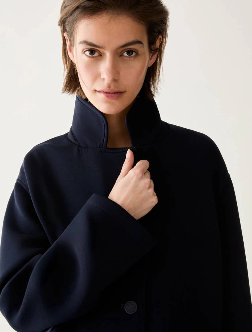 Pennyblack - Cappotto navy in jersey doppio, con cappuccio staccabile, monopetto,spalle scese, tasche applicate, sfoderato