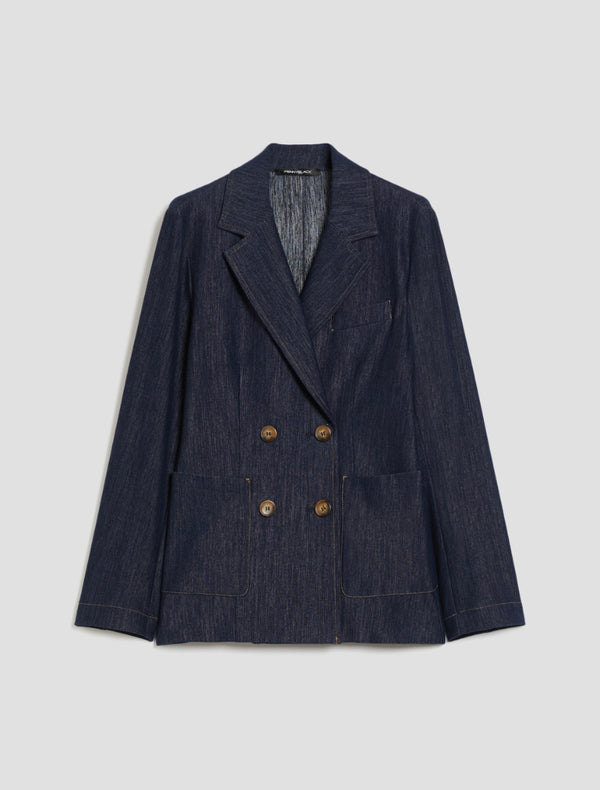 Pennyblack - Giacca in jersey effetto denim nero, taglio doppiopetto, tasche applicate, spacco sul retro, capo sfoderato.