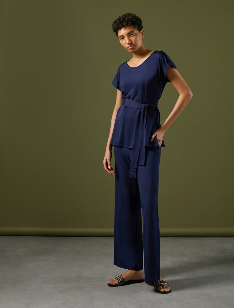 Pennyblack -T- shirt in jersey pique'di viscosa stretch blu,  scollo arrotondato, taglio morbido - shopmonicamoda