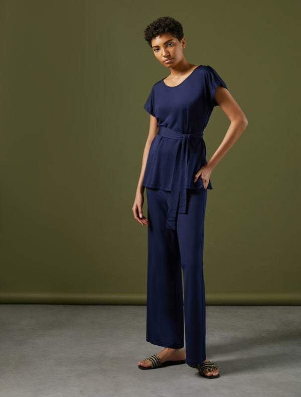 Pennyblack -T- shirt in jersey pique'di viscosa stretch blu,  scollo arrotondato, taglio morbido - shopmonicamoda