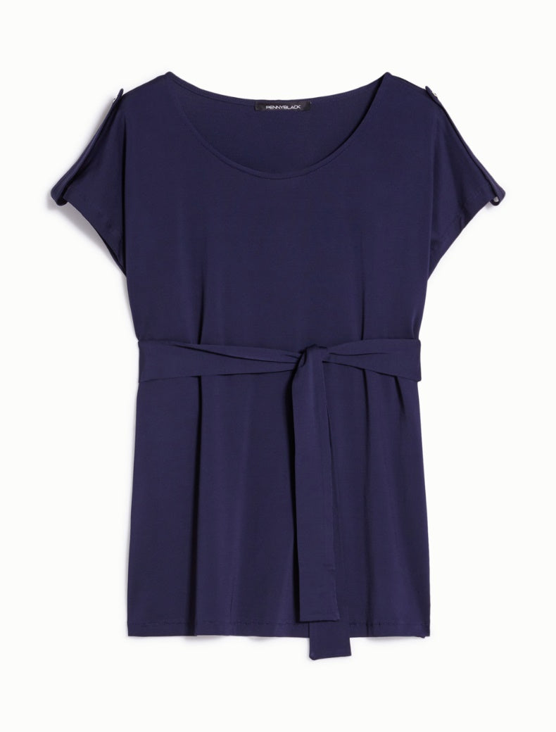 Pennyblack -T- shirt in jersey pique'di viscosa stretch blu,  scollo arrotondato, taglio morbido - shopmonicamoda