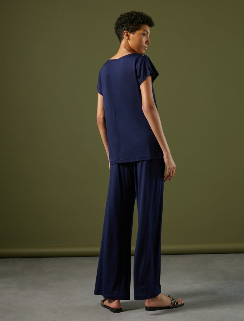 Pennyblack -T- shirt in jersey pique'di viscosa stretch blu,  scollo arrotondato, taglio morbido - shopmonicamoda