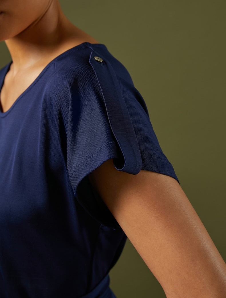 Pennyblack -T- shirt in jersey pique'di viscosa stretch blu,  scollo arrotondato, taglio morbido - shopmonicamoda