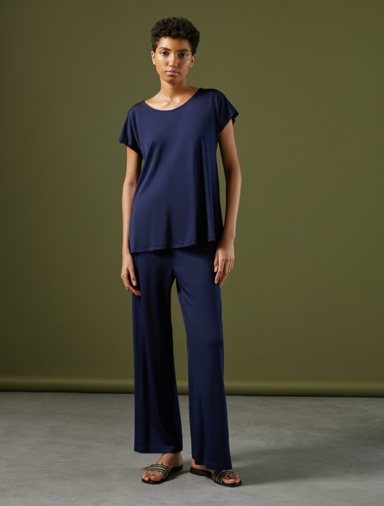 Pennyblack -T- shirt in jersey pique'di viscosa stretch blu,  scollo arrotondato, taglio morbido - shopmonicamoda