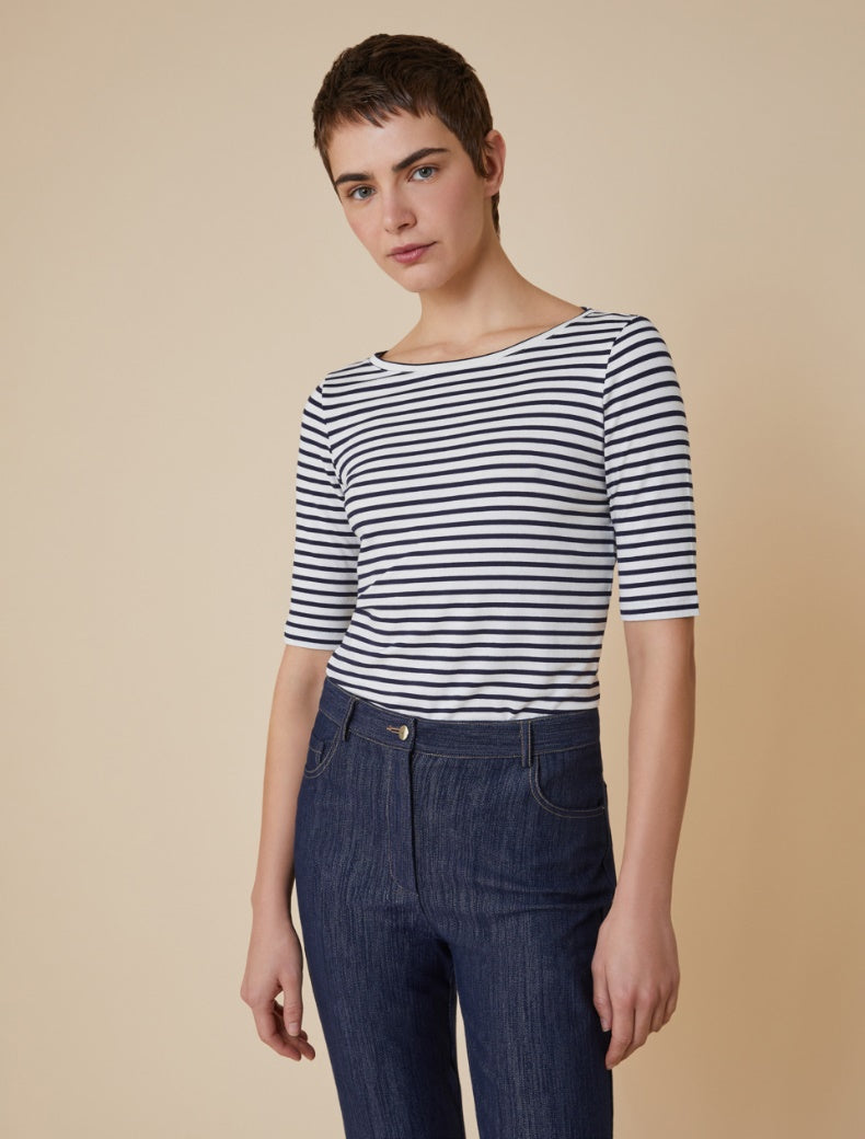 Pennyblack - T-shirt con scollo a barchetta, rigata bianca e blu