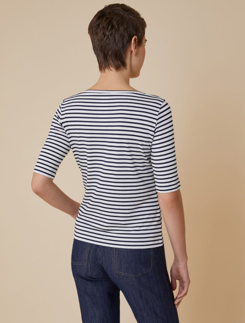 Pennyblack - T-shirt con scollo a barchetta, rigata bianca e blu
