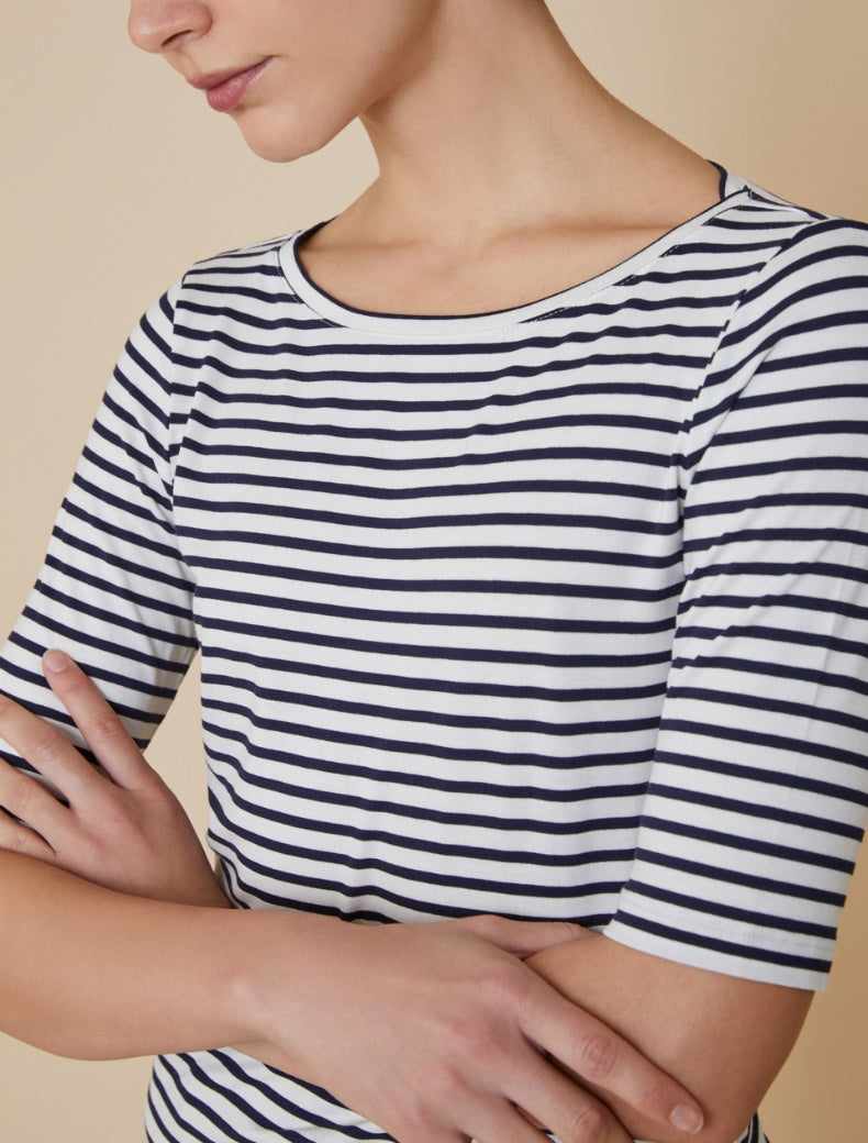 Pennyblack - T-shirt con scollo a barchetta, rigata bianca e blu
