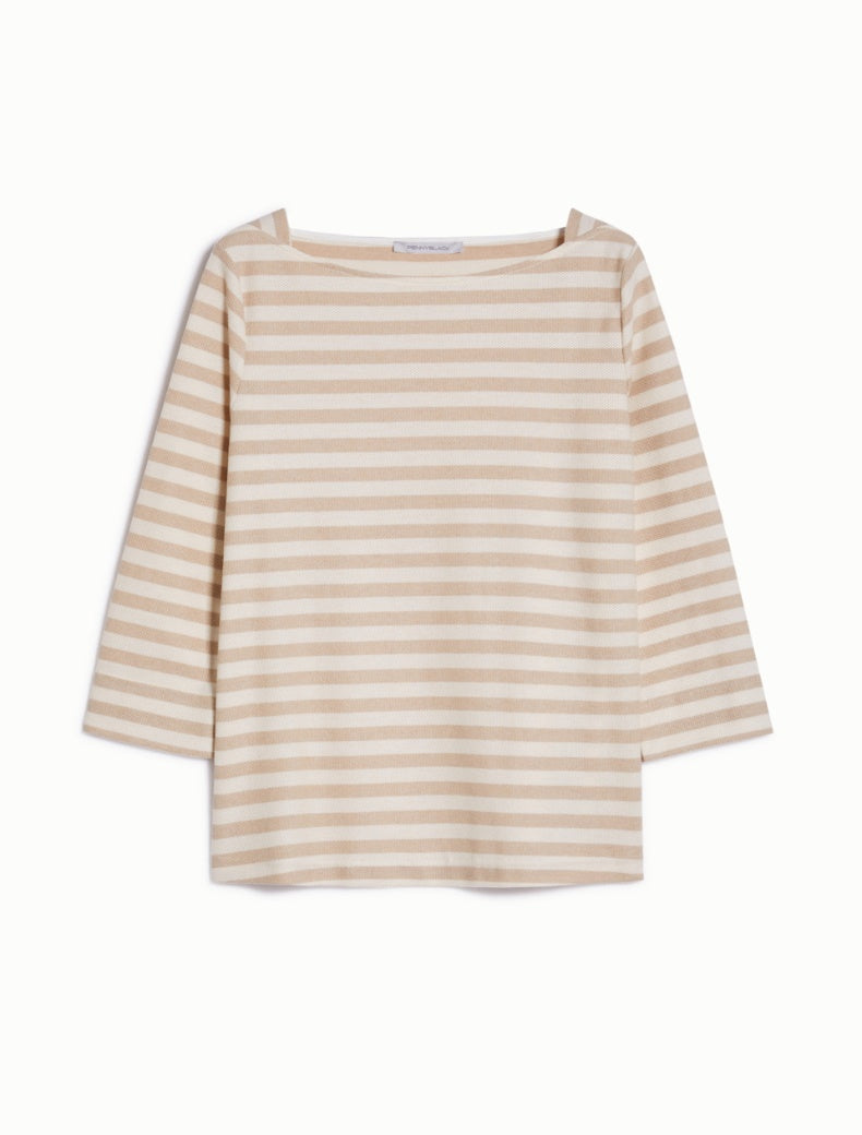 Pennyblack - T-shirt di pique' a righe mariniere, sabbia e bianca, scollo a barchetta, maniche trequarti