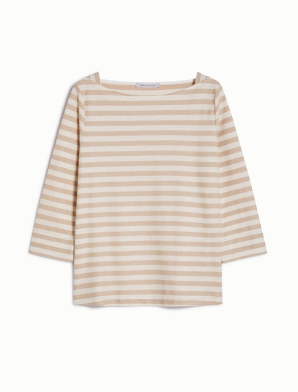 Pennyblack - T-shirt di pique' a righe mariniere, sabbia e bianca, scollo a barchetta, maniche trequarti.