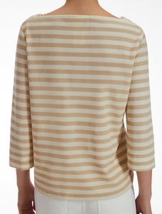 Pennyblack - T-shirt di pique' a righe mariniere, sabbia e bianca, scollo a barchetta, maniche trequarti