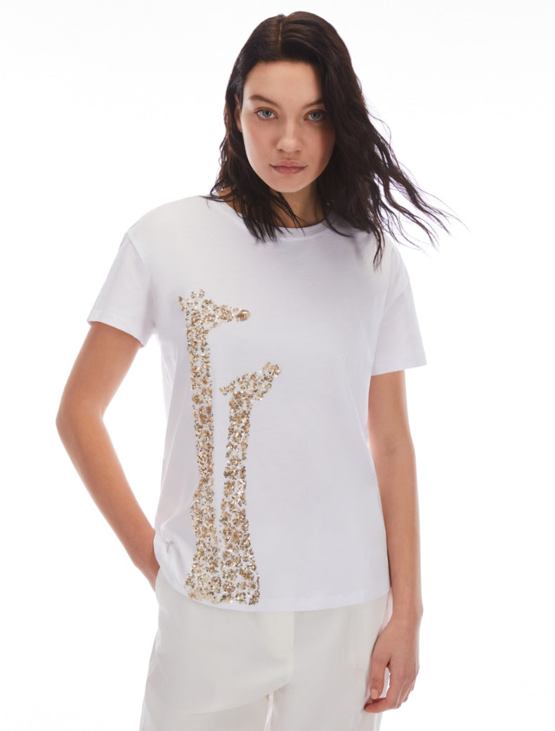 Pennyblack - T-shirt bianca di cotone girocollo e maniche corte,giraffa paiette