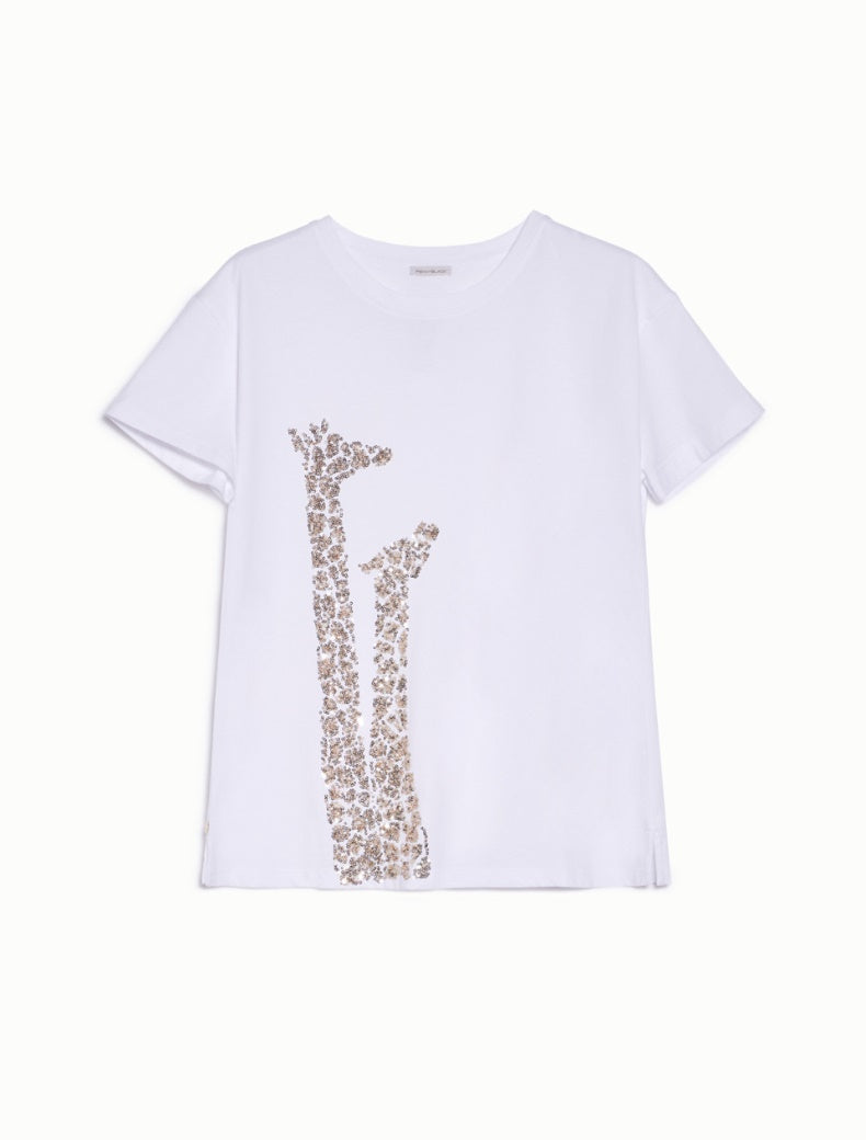 Pennyblack - T-shirt bianca di cotone girocollo e maniche corte,giraffa paiette