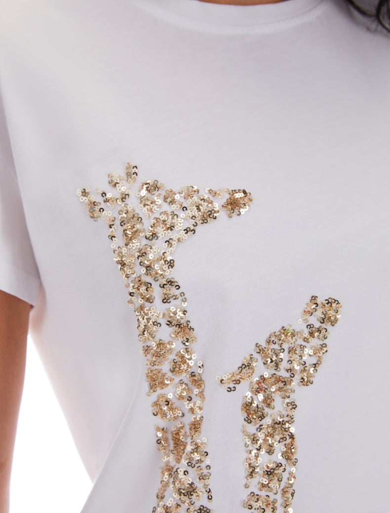 Pennyblack - T-shirt bianca di cotone girocollo e maniche corte,giraffa paiette