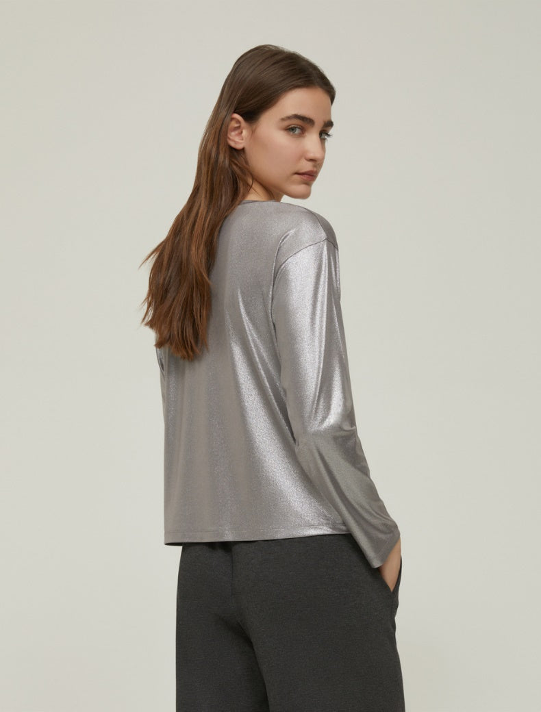 Pennyblack - Maglia in jersey laminato, color peltro, linea diritta, scollo a barchetta