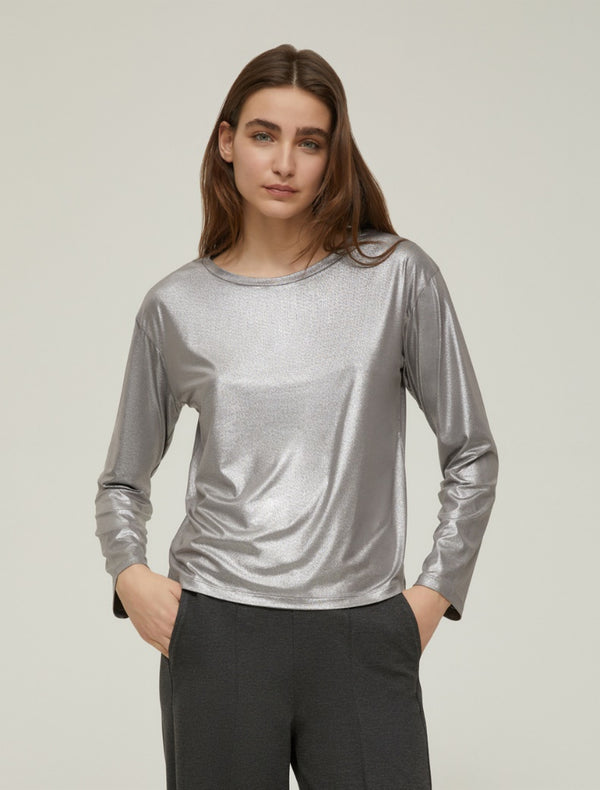 Pennyblack - Maglia in jersey laminato, color peltro, linea diritta, scollo a barchetta