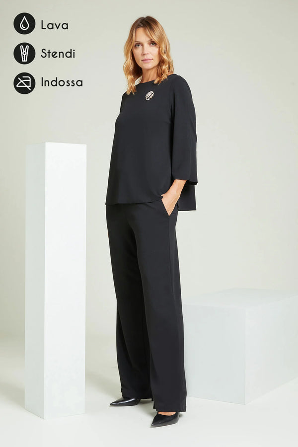 Luisa Viola - Pantaloni blu pull over, ampi in scuba crepe, elastico nella vita, tasche all' americana.