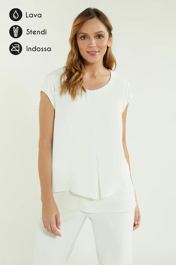 Luisa Viola - Top in doppia georgette, color panna, linea leggermente svasata, scollatura tonda, manica ad aletta