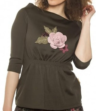 Amber - Maglia felpata verde, maniche trequarti - shopmonicamoda