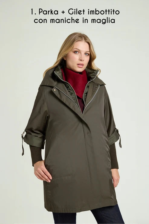 Luisa Viola - Parka 4 in 1 verde; parka +light weight, solo parka, solo light weight con maniche in maglia, gilet staccando le maniche.