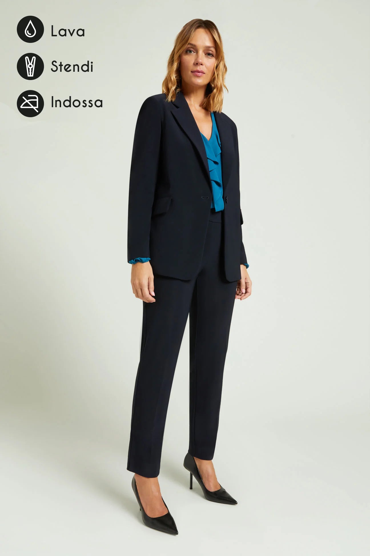 Luisa Viola - Pantalone skinny stretch, blu, taglio regolare, cintura con baschina elasticizzata, spacco laterale