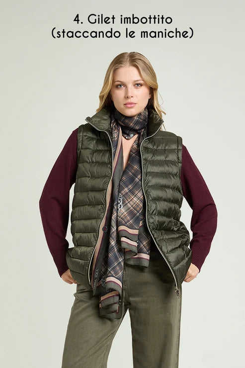Luisa Viola - Parka 4 in 1 verde; parka +light weight, solo parka, solo light weight con maniche in maglia, gilet staccando le maniche.