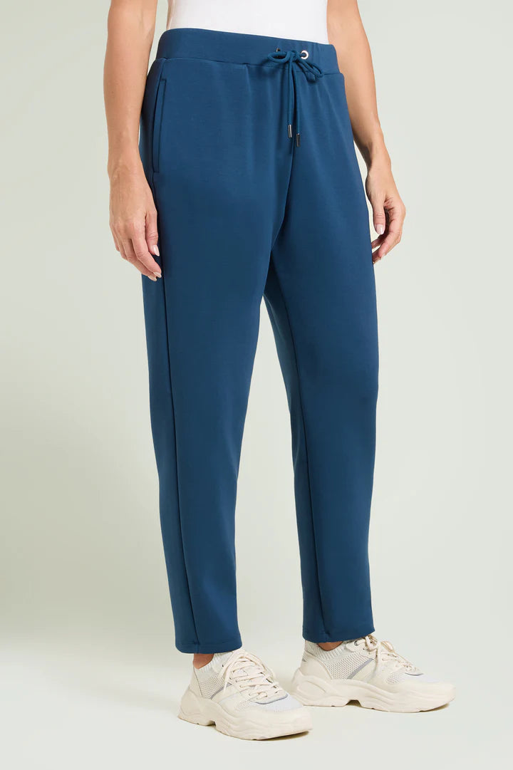 Luisa Viola - Pantalone jogger pull-on in jersey scuba, color pavone, elastico in vita, tasche a filetto.