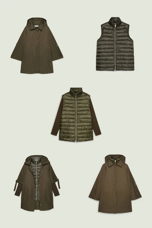 Luisa Viola - Parka 4 in 1 verde; parka +light weight, solo parka, solo light weight con maniche in maglia, gilet staccando le maniche.